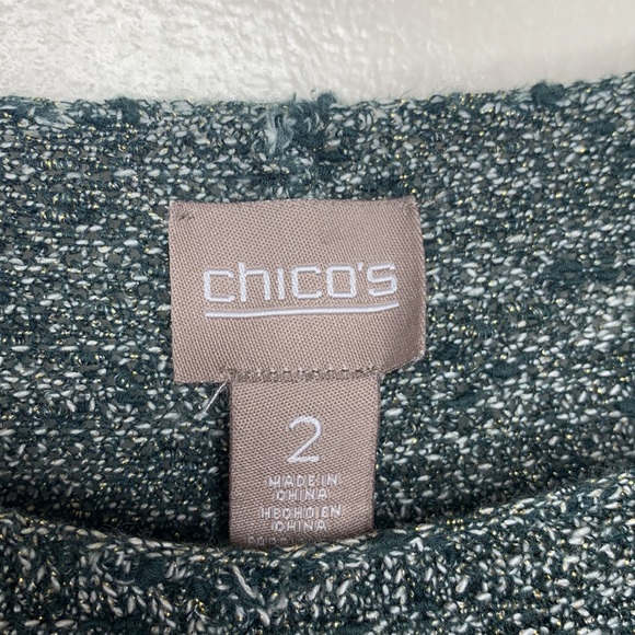 CHICO’S Sweater Green & Metallic Gold Dolman Sleeves Scoop Neck 3/4 Sleeves 12 - Picture 7 of 12